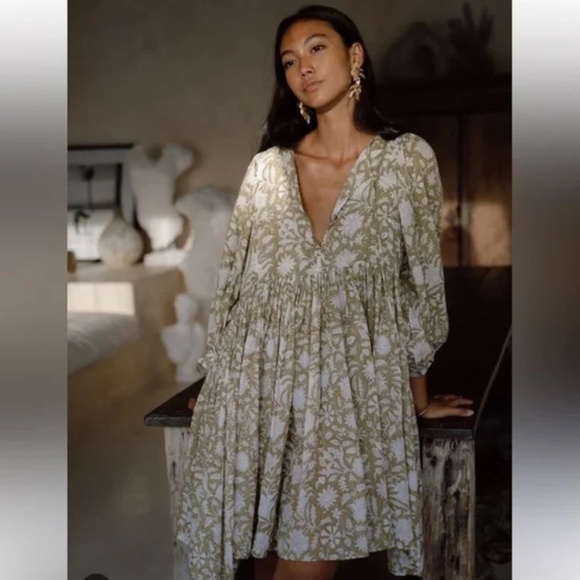 Daughters of India Women Kyra ¾ Sleeve Mini Dress Sz XL Olive Flowy Cotton Light - Picture 2 of 14